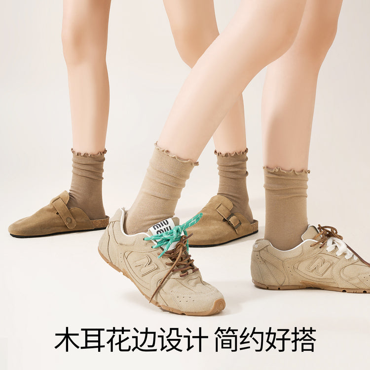 女襪|白色襪子女秋季ins潮木耳邊中筒襪棉質吸汗透氣純色彈力堆堆襪「YLF23131」25.06-3
