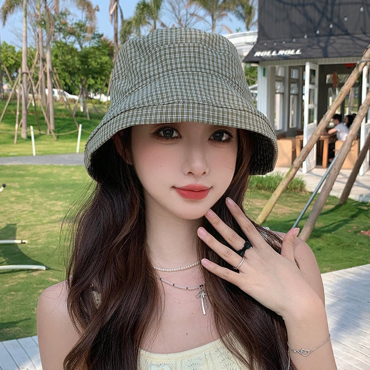 流行帽子|夏季新款格子帽子女蝴蝶結綁帶漁夫帽韓系百搭顯臉小防曬遮陽帽潮「C5262」25.05-2