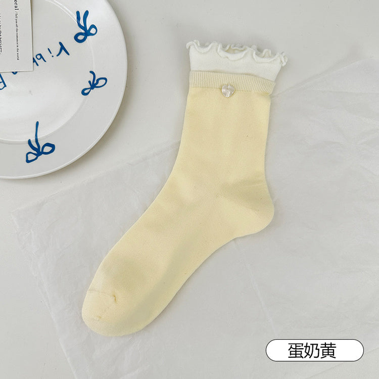 女襪|拼色雙羅口襪子女棉質吸汗透氣彈力花邊堆堆襪愛心紐扣無骨中筒襪「SM2506」25.06-1