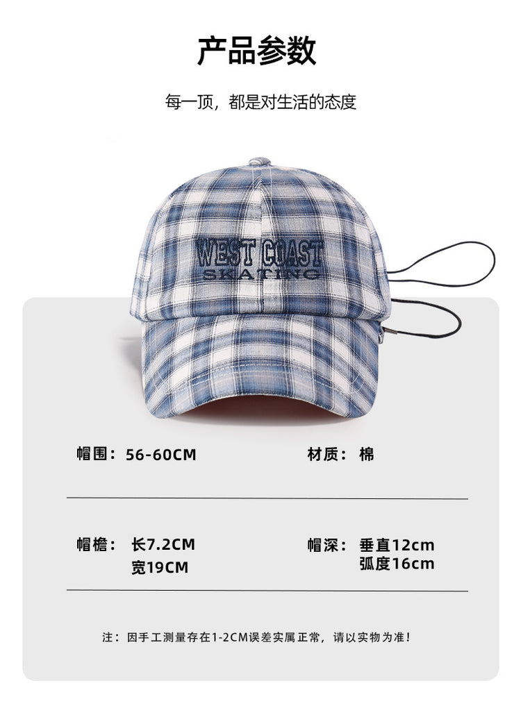 流行帽子|韓系新款甜美刺繡帽子女復古格子鴨舌帽輕薄透氣戶外遮陽棒球帽男「C5207」25.04-4