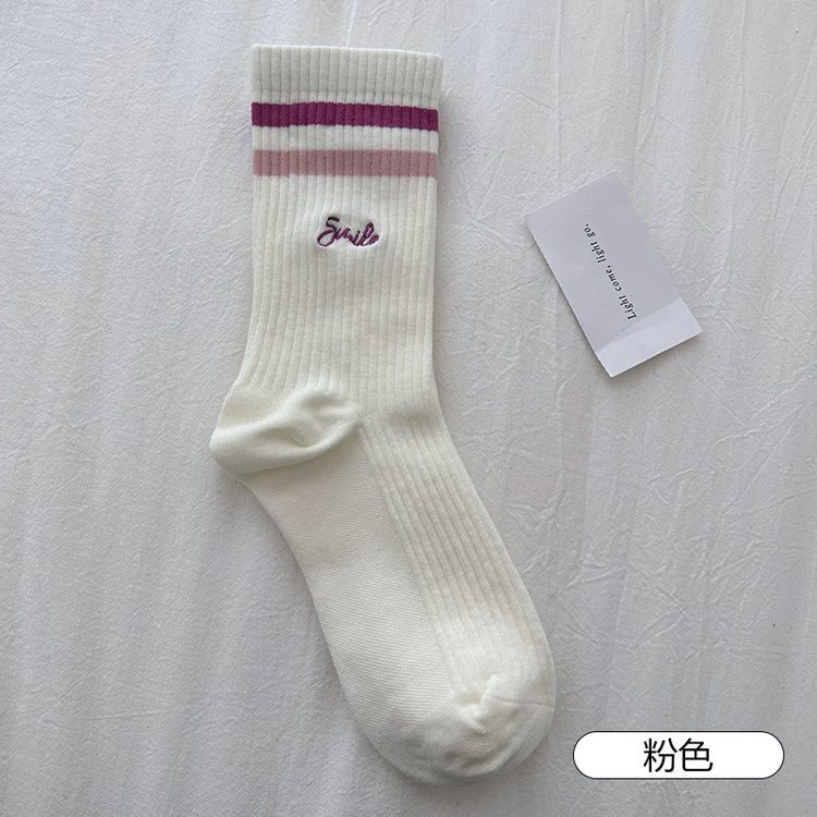 女襪|竪條紋顯瘦襪子女棉質吸汗透氣彈力中筒襪字母刺繡親膚舒適運動襪「MK5001」25.03-4