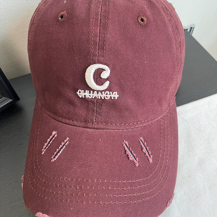 流行帽子|字母破洞棒球帽子女春夏新款復古百搭遮陽帽顯臉小軟頂鴨舌帽子男「C4884」24.12-5