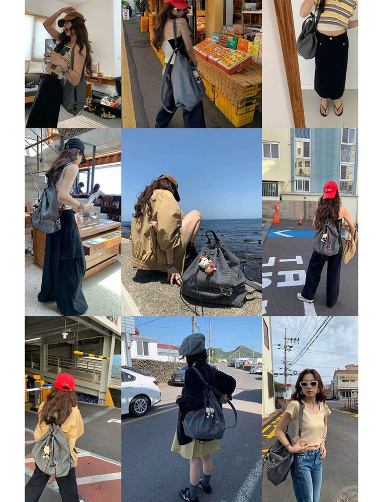 日韓流行|學生休閒雙肩包包女2023夏季新款潮韓國條紋帆布包百搭大容量背包「9422#」24.07-1