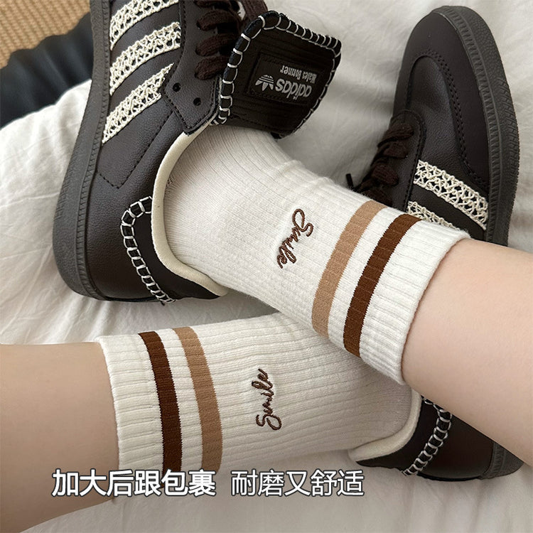女襪|竪條紋顯瘦襪子女棉質吸汗透氣彈力中筒襪字母刺繡親膚舒適運動襪「MK5001」25.03-4
