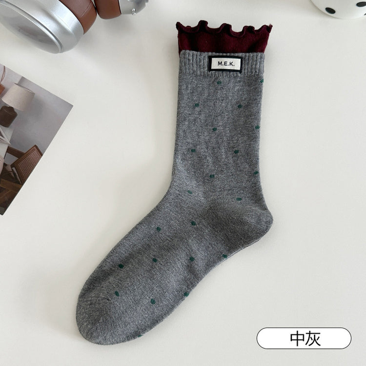 女襪|撞色雙羅口襪子女棉質吸汗透氣彈力無骨中筒襪復古波點襪身堆堆襪「MK5101」25.08-3