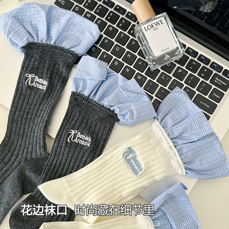 女襪|灰色堆堆襪子女棉質吸汗透氣親膚中筒襪ins潮刺繡字母襪子「DQ25810」25.04-3