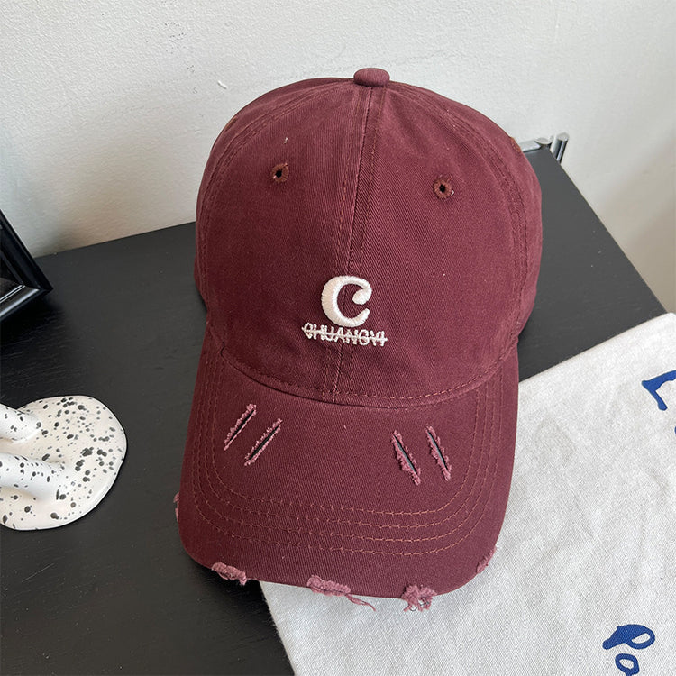 流行帽子|字母破洞棒球帽子女春夏新款復古百搭遮陽帽顯臉小軟頂鴨舌帽子男「C4884」24.12-5