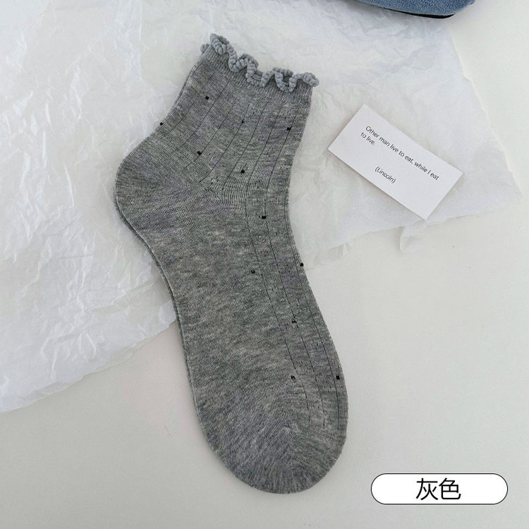 女襪|白色花邊襪子女網眼透氣彈力無骨短襪波點襪身ins潮流襪子「YM2546」25.07-1