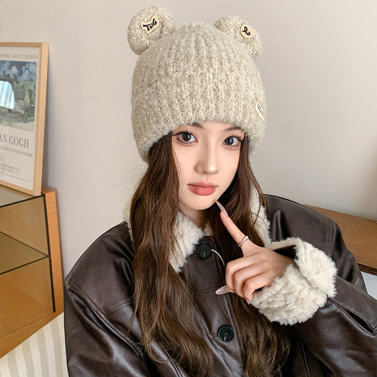 流行帽子|新款時尚側標TEC小熊耳朵針織帽秋冬可愛保暖護耳帽百搭休閒帽子「C4678」24.10-3