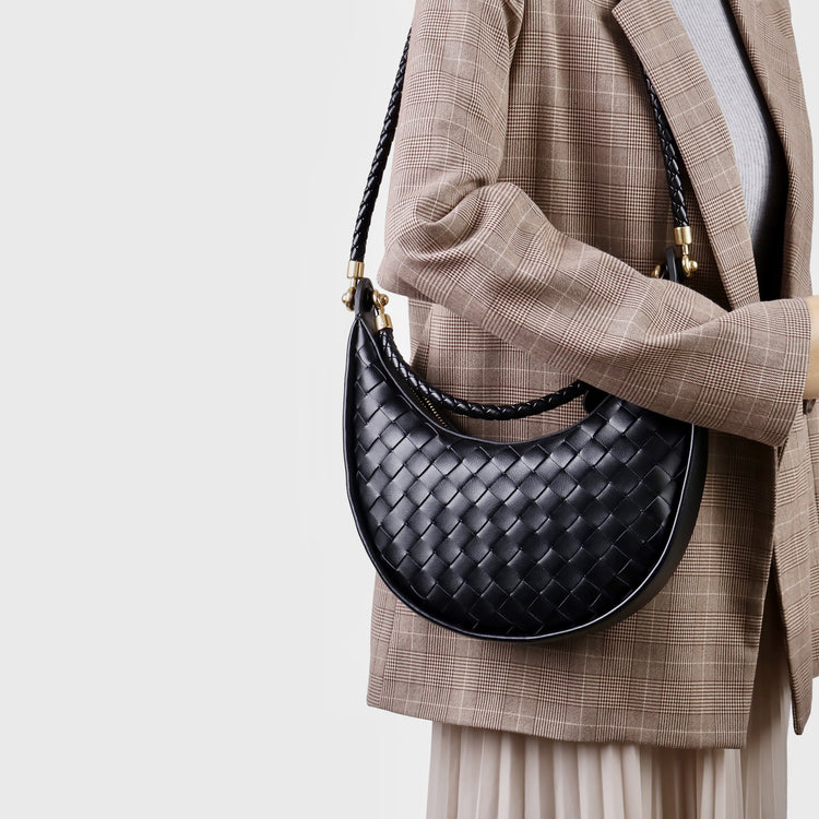 質感真皮|編織半月包Hobo腋下包2025新款百搭單肩大容量女包斜挎手提包「6032」25.02-2