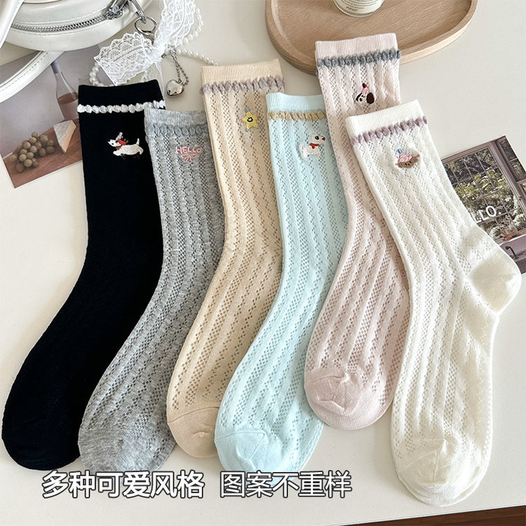 女襪|花邊襪子女夏季薄款鏤空網眼透氣彈力中筒襪卡通動物刺繡堆堆襪「TM7545」25.04-5