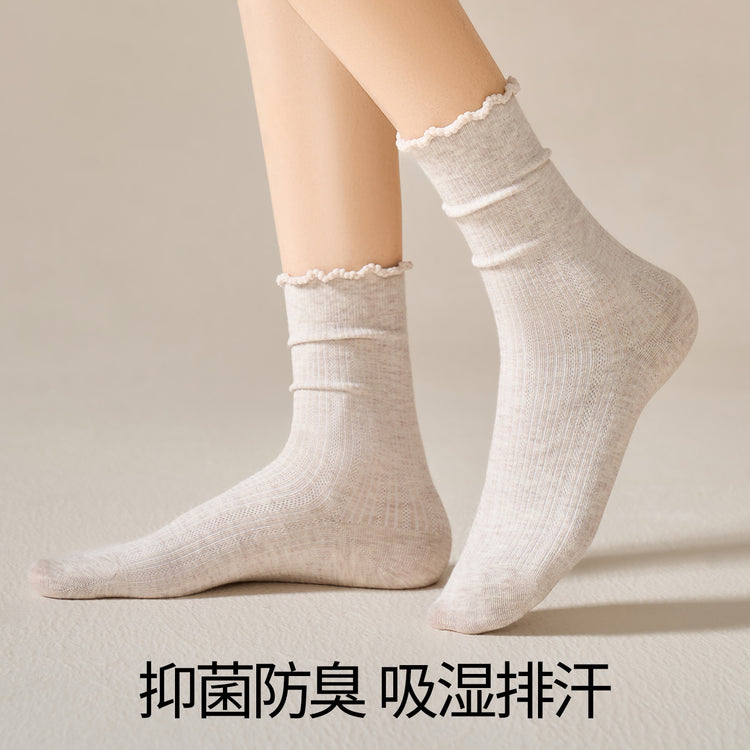女襪|花邊堆堆襪子女抑菌防臭抗起球中筒襪吸濕排汗彈力萊卡無骨月子襪「ZJ25035」25.10-2