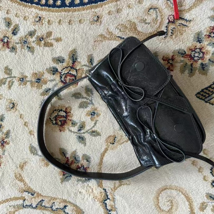 質感真皮|2024新款個性設計抽繩手提包單肩斜背包韓版辣妹廢土風多口袋包「7822」24.07-5