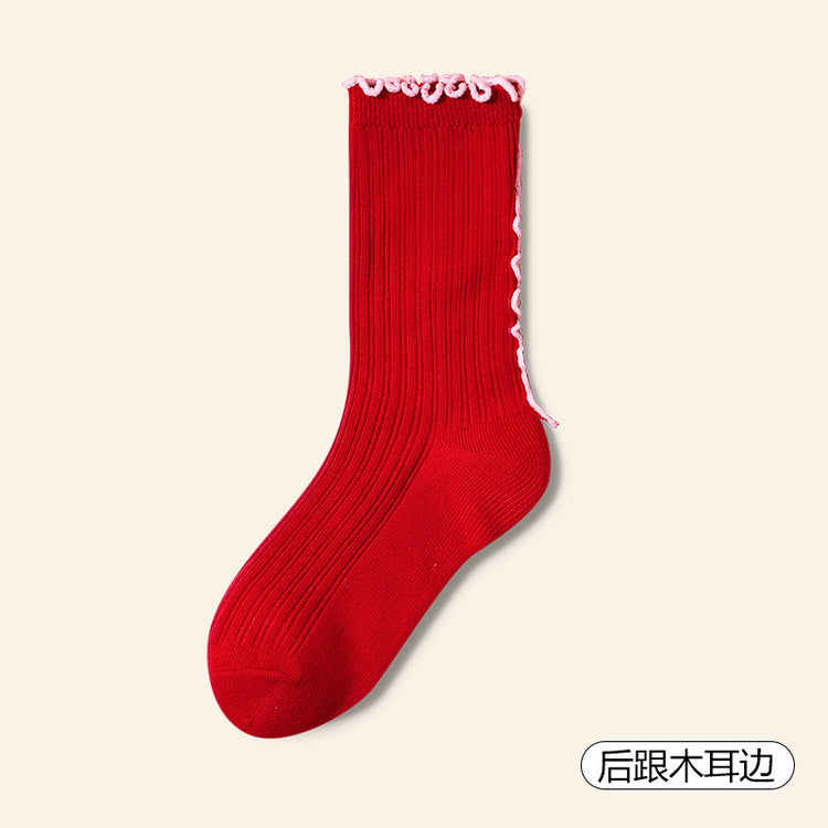 女襪|本命年紅色襪子女秋冬季2025蛇年花邊可愛中筒襪情侶結婚喜慶棉襪「TM5522」25.01-2
