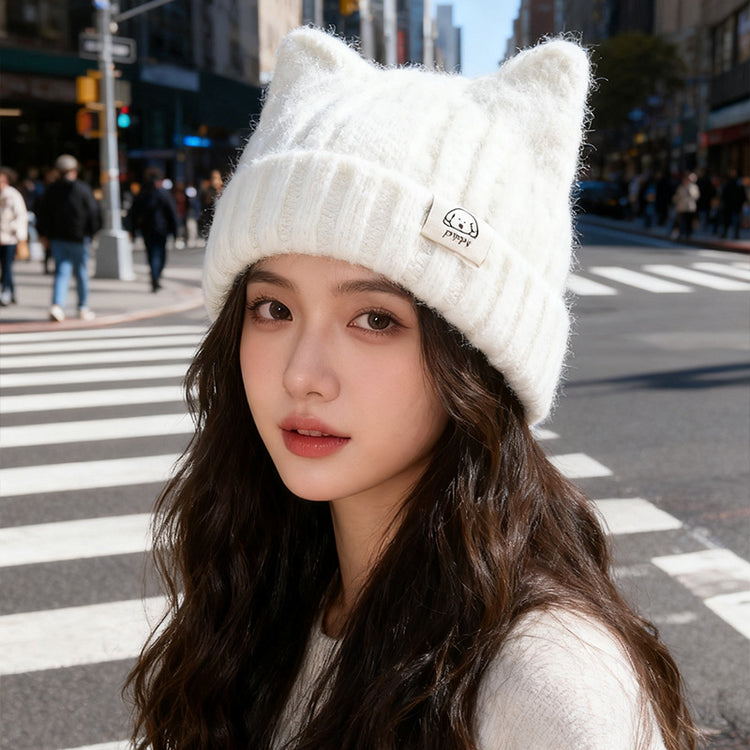 流行帽子|韓版貓耳朵毛線帽子女冬2025新款保暖護耳針織帽顯臉小可愛套頭帽「C5620」25.09-4