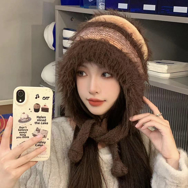 流行帽子|日系撞色毛絨絨針織帽子女秋冬季保暖加厚防風甜美可愛百搭雷鋒帽「C4411」24.12-4