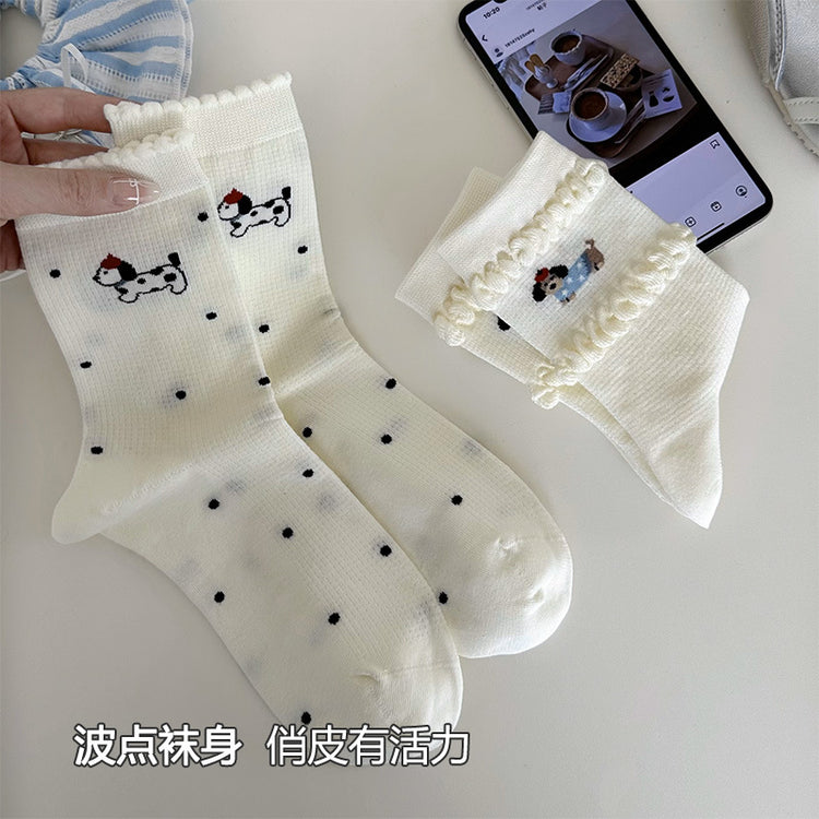 女襪|卡通圖案襪子女棉質吸汗透氣彈力中筒襪花邊襪口潮流好搭堆堆襪「MYH2505」25.04-1