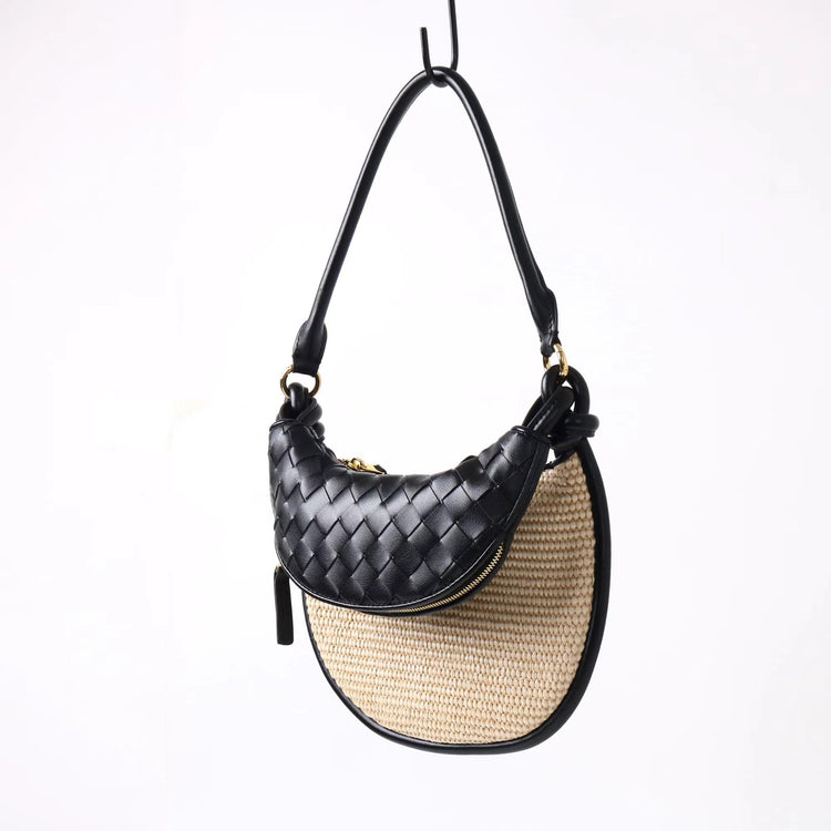 質感真皮|2025新款拉菲草編拼牛皮雙子包拼色月亮包度假單肩腋下包時尚編織包「9781-1」25.07-1