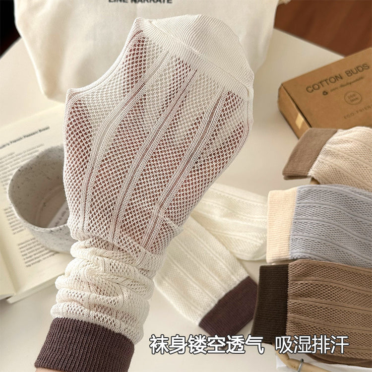 女襪|竹纖維抑菌防臭堆堆襪夏季薄款鏤空網眼透氣中筒襪彈力無骨冰冰襪「TM7373」25.05-1