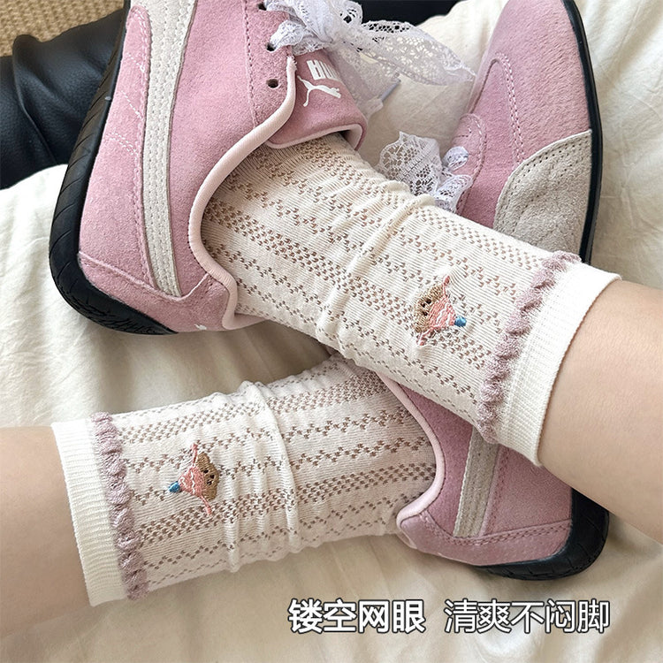 女襪|花邊襪子女夏季薄款鏤空網眼透氣彈力中筒襪卡通動物刺繡堆堆襪「TM7545」25.04-5