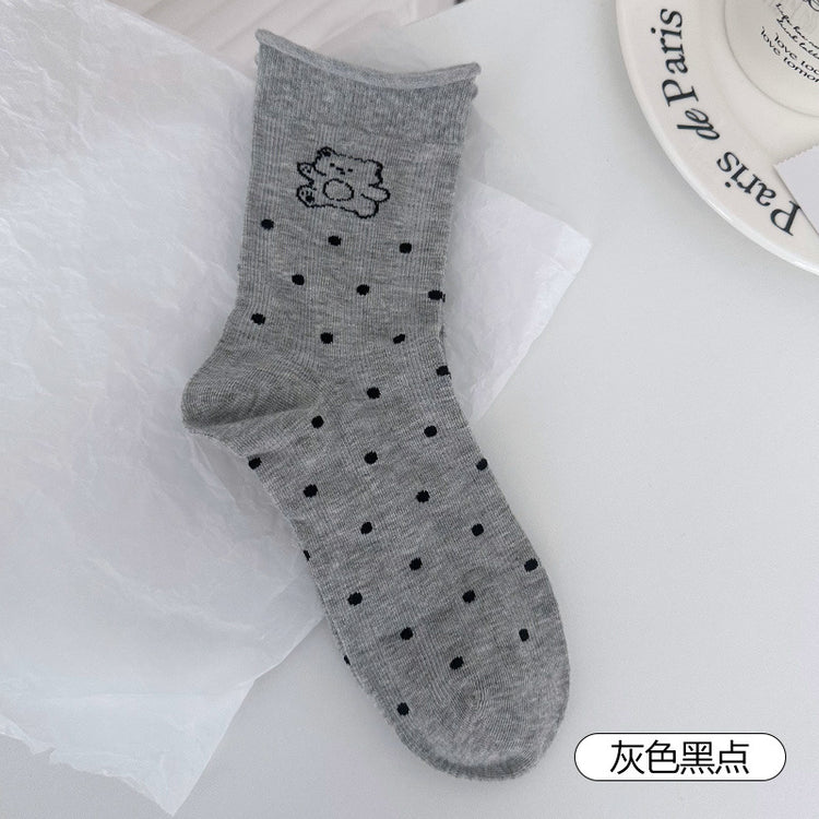 女襪|堆堆襪子女棉質彈力無骨卷邊中筒襪卡通動物親膚透氣休閒襪「W0114」25.03-2
