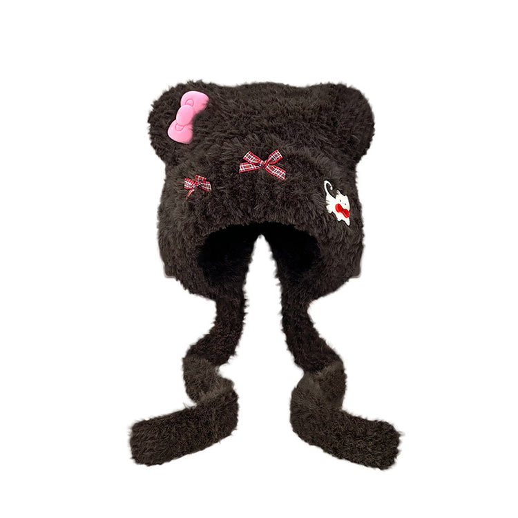 流行帽子|可愛小熊耳朵貓咪蝴蝶結帽子女秋冬加厚保暖毛絨帽護耳針織雷鋒帽「C5591」25.09-2