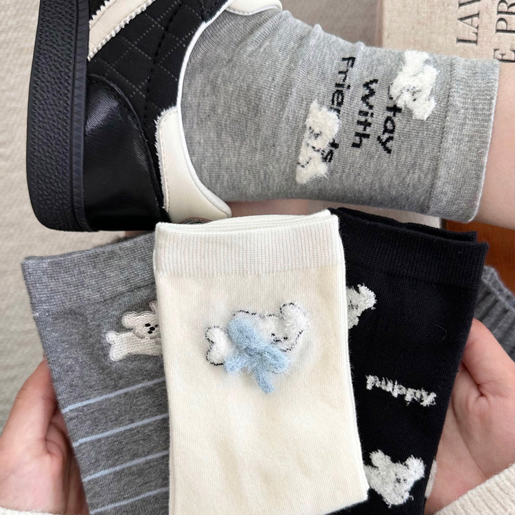 女襪|襪子女士彈力無骨親膚舒適中筒襪植絨卡通棉質吸汗透氣堆堆襪「XHS25103」25.09-5