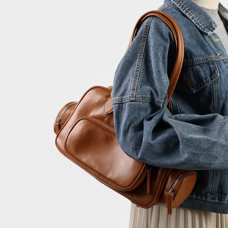 質感真皮|2024新款復古運動手提包機車包大容量秋冬單肩公文包休閒真皮女包「3301」24.12-4