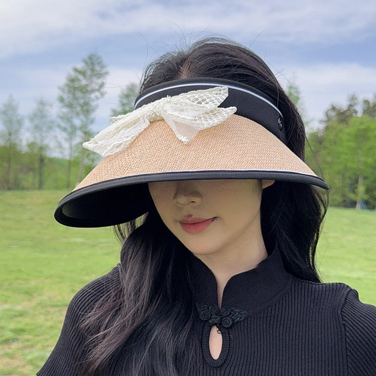 流行帽子|蕾絲蝴蝶結空頂帽女夏季黑膠防紫外線遮陽帽加寬帽檐沙灘太陽帽子「C3802」24.04-3