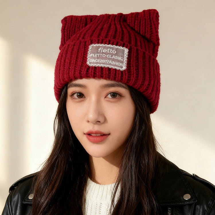 流行帽子|新款蕾絲貼布貓耳針織帽子女秋冬保暖毛線帽時尚百搭顯臉小包頭帽「C5801」25.11-2