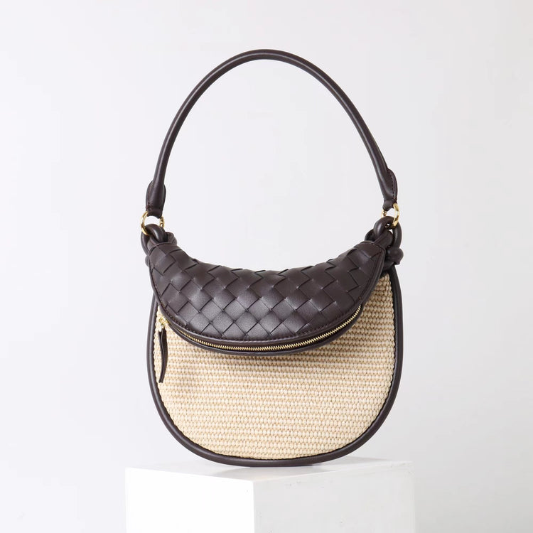 質感真皮|2025新款拉菲草編拼牛皮雙子包拼色月亮包度假單肩腋下包時尚編織包「9781-1」25.07-1