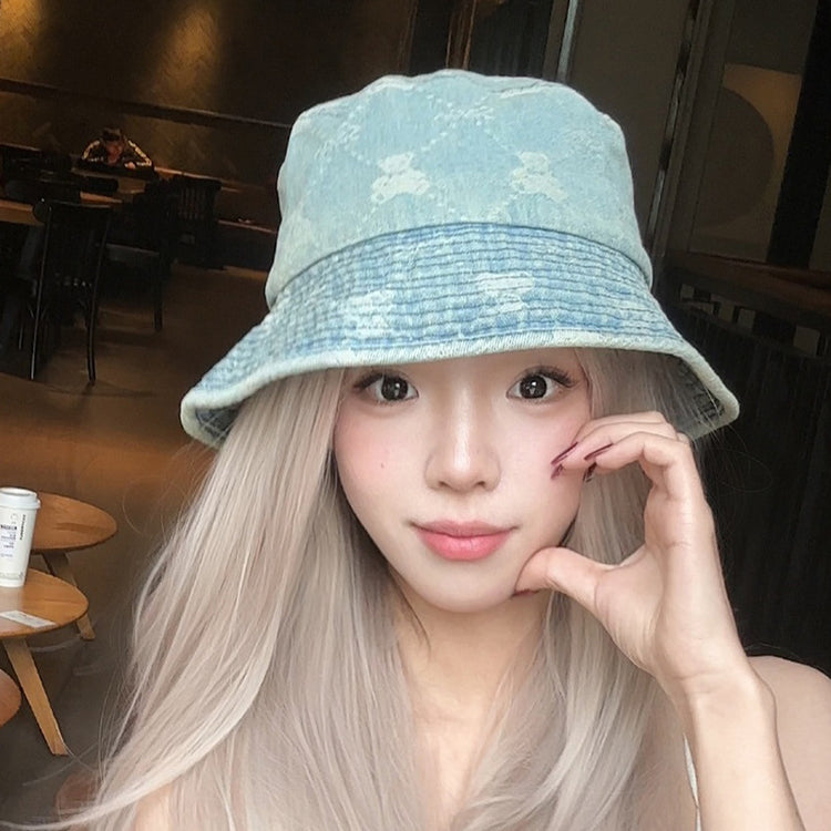 流行帽子|復古水洗牛仔漁夫帽女春夏百搭顯臉小戶外遮陽帽小熊可愛水桶盆帽「C4981」25.02-3