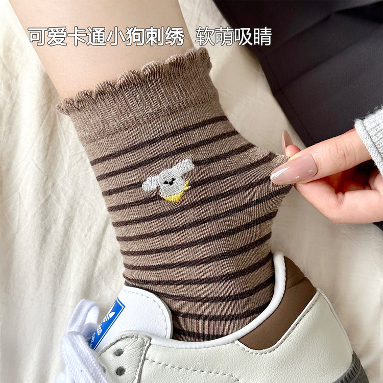 女襪|10A抑菌襪子女ins潮學院風卡通刺繡運動襪棉質吸汗透氣諸暨襪子「MK5138」25.08-1