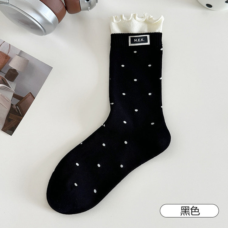 女襪|撞色雙羅口襪子女棉質吸汗透氣彈力無骨中筒襪復古波點襪身堆堆襪「MK5101」25.08-3