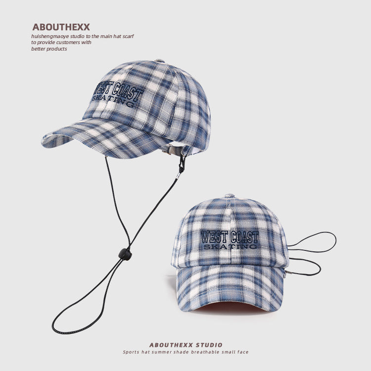 流行帽子|韓系新款甜美刺繡帽子女復古格子鴨舌帽輕薄透氣戶外遮陽棒球帽男「C5207」25.04-4