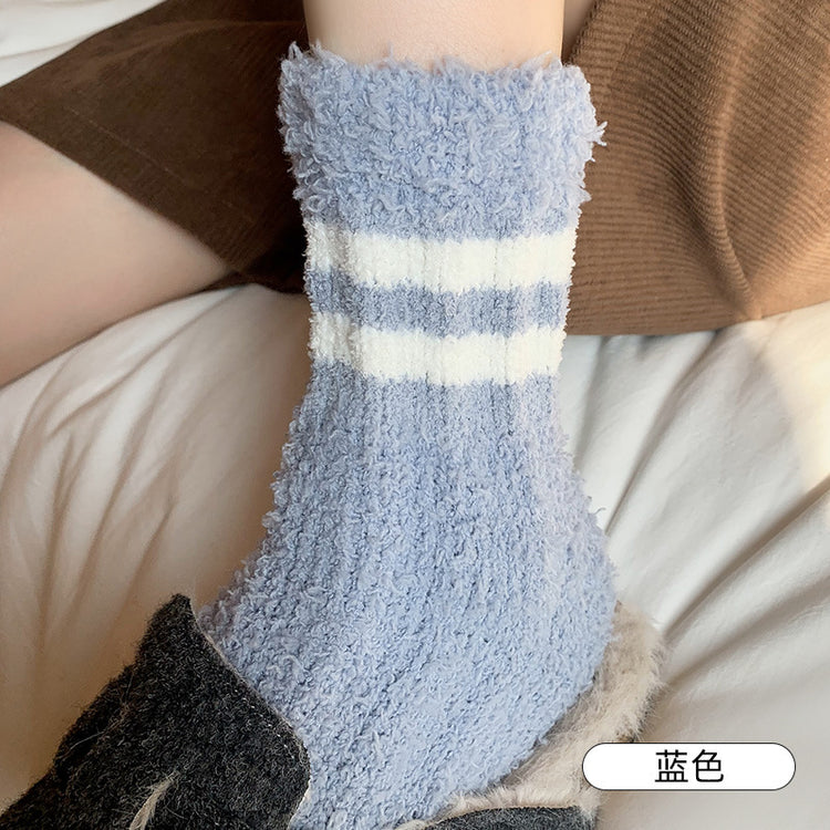 女襪|撞色條紋襪子女蓄熱鎖溫居家地板襪秋冬季加絨加厚保暖珊瑚絨襪「AD2411」24.11-2