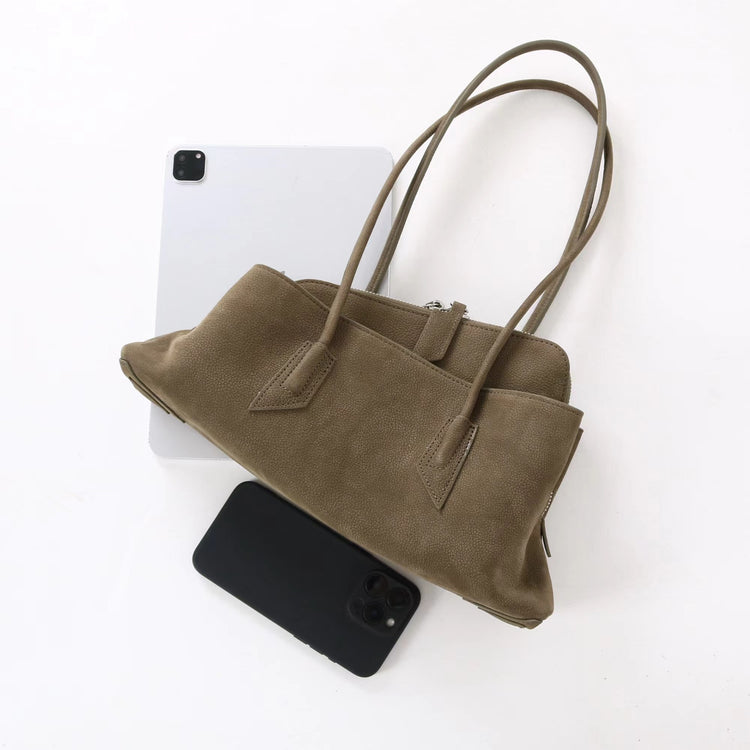 質感真皮|2025新款頭層麂皮不規則斜頂手提托特包磨砂荔枝牛皮腋下包「6163-S」25.10-1