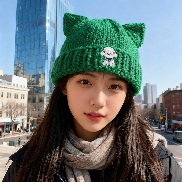 流行帽子|可愛貓耳朵毛線帽子女秋冬護耳保暖針織帽百搭小狗刺繡套頭冷帽潮「C5703」25.10-2