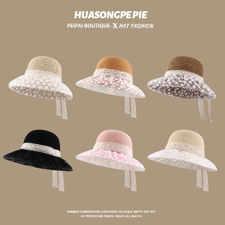 流行帽子|蕾絲系帶草帽夏季女帽子防曬學生戶外遮陽帽綁帶沙灘彩虹太陽帽子「C3929」24.05-2
