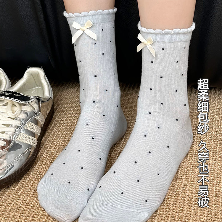 女襪|襪子女士miu系蝴蝶結親膚舒適中筒襪夏季薄款吸濕透氣堆堆襪「SM2510」25.04-4