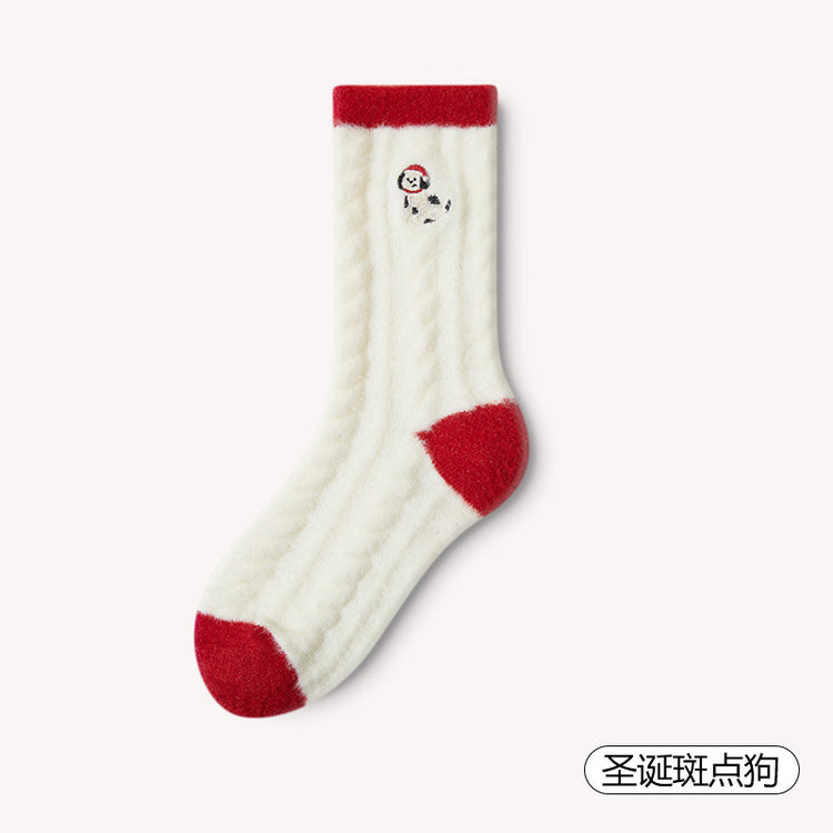 女襪|加絨加厚襪子女秋冬季蓄熱保暖澳絨中筒襪親膚舒適卡通可愛聖誕襪「H5529」24.12-3