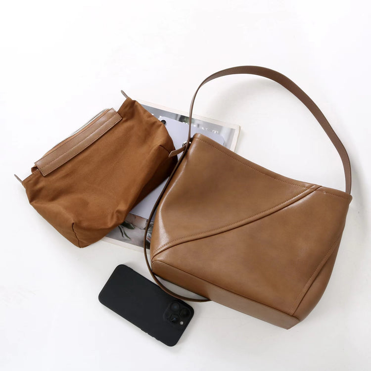 質感真皮|2025新款大容量牛皮拼接質感通勤子母包時尚百搭單肩腋下水桶包女「7056」25.09-3