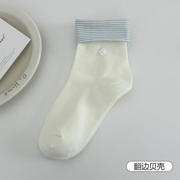 女襪|翻邊紐扣襪子女棉質吸汗透氣彈力中筒襪miu系芭蕾風襪子批發「JFT25820」25.07-1