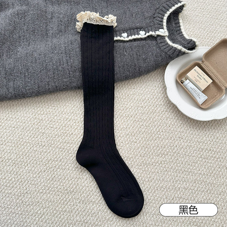 女襪|白色襪子女ins潮蕾絲花邊襪口小腿襪棉質吸汗透氣彈力無骨長筒襪「XC2365」25.09-4