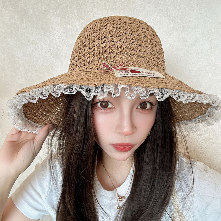 流行帽子|蕾絲邊蝴蝶結鏤空草帽女士夏季海邊度假沙灘太陽帽透氣防曬遮陽帽「C5024」25.02-3
