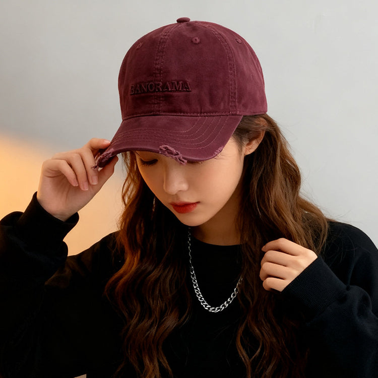 流行帽子|美式復古字母刺繡磨邊棒球帽子女戶外遮陽大頭圍顯臉小鴨舌帽男潮「C5772」25.11-2