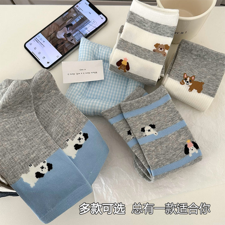 女襪|卡通圖案襪子女夏季薄款ins學院風中筒襪棉質吸汗透氣彈力堆堆襪「DMS5015」25.04-2