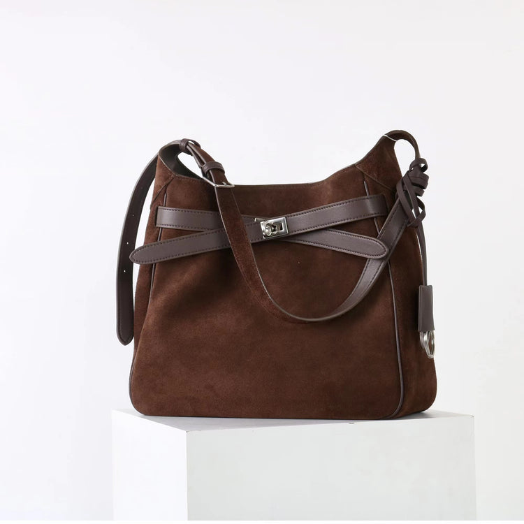 質感真皮|2025新款復古百搭拼接磨砂斜背包單肩水桶包高級感通勤大容量包包「5138」25.09-5