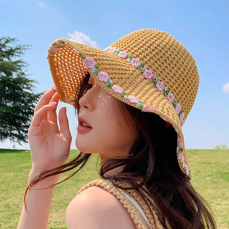 流行帽子|夏季編織草帽女海邊度假遮陽小花太陽草帽可折疊鏤空防曬漁夫帽子「C5152」25.04-1