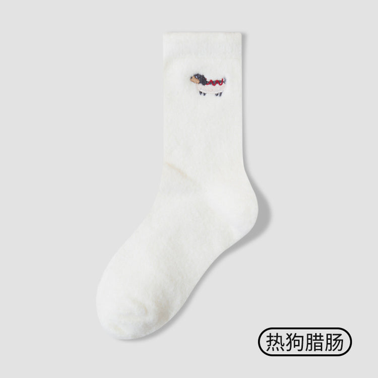 女襪|臘腸狗刺繡襪子女秋冬加厚保暖澳絨中筒襪彈力花邊親膚舒適堆堆襪「H5271」25.12-1